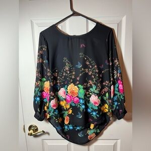 Meraki Women's Black Floral Print Long Sleeve Drape Back Size M